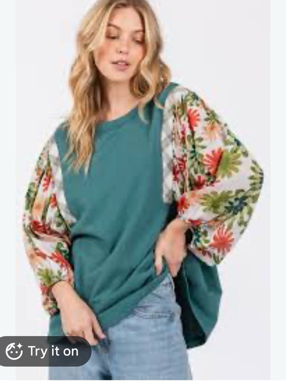 Teal Floral Balloon-Sleeve Sweatshirt
